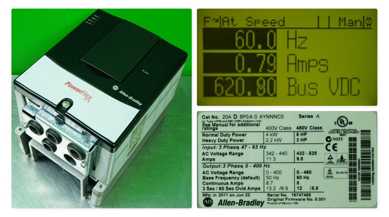 Allen-Bradley PowerFlex 70 5 HP 20AD8P0A0AYNNNC0 480 VAC FW:5.001 Tested Good