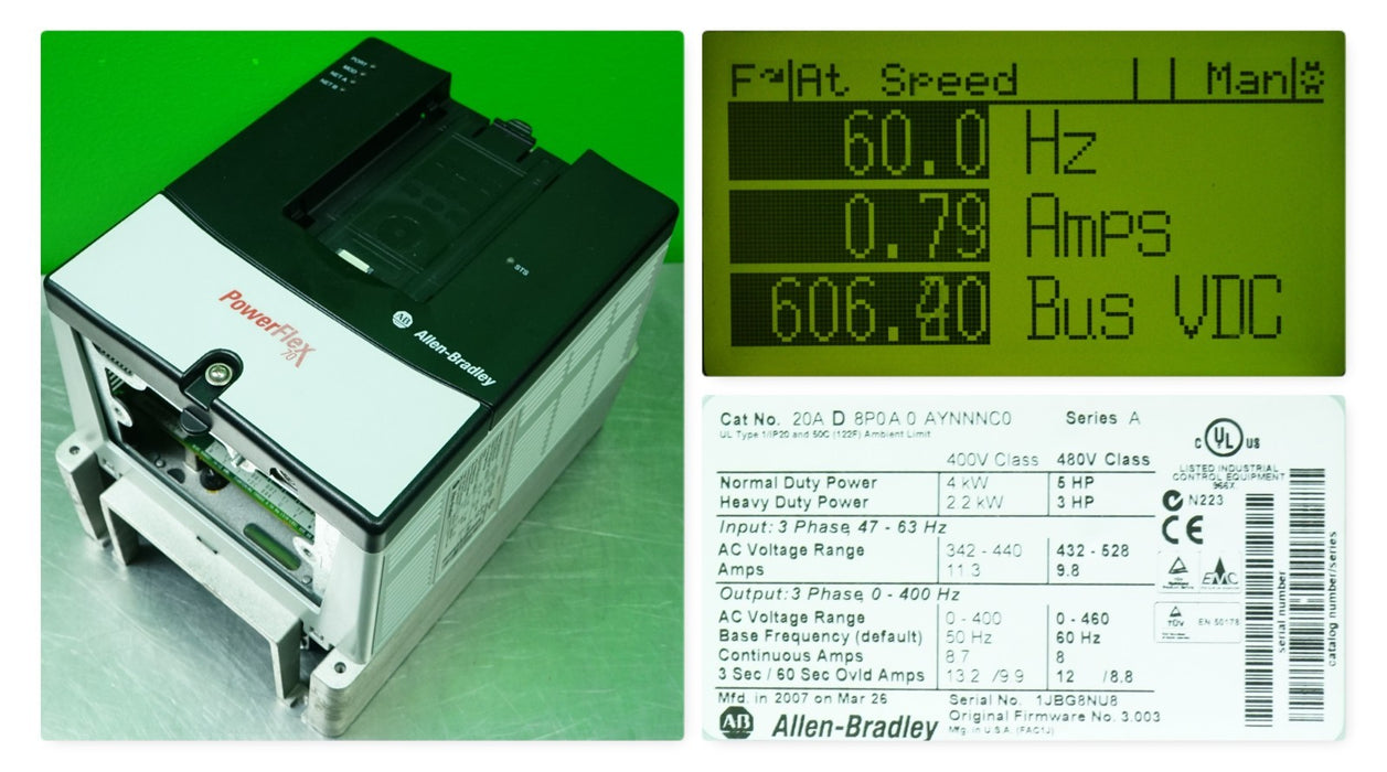 Allen-Bradley PowerFlex 70 5 HP 20AD8P0A0AYNNNC0 480 VAC FW:3.003 Tested Good