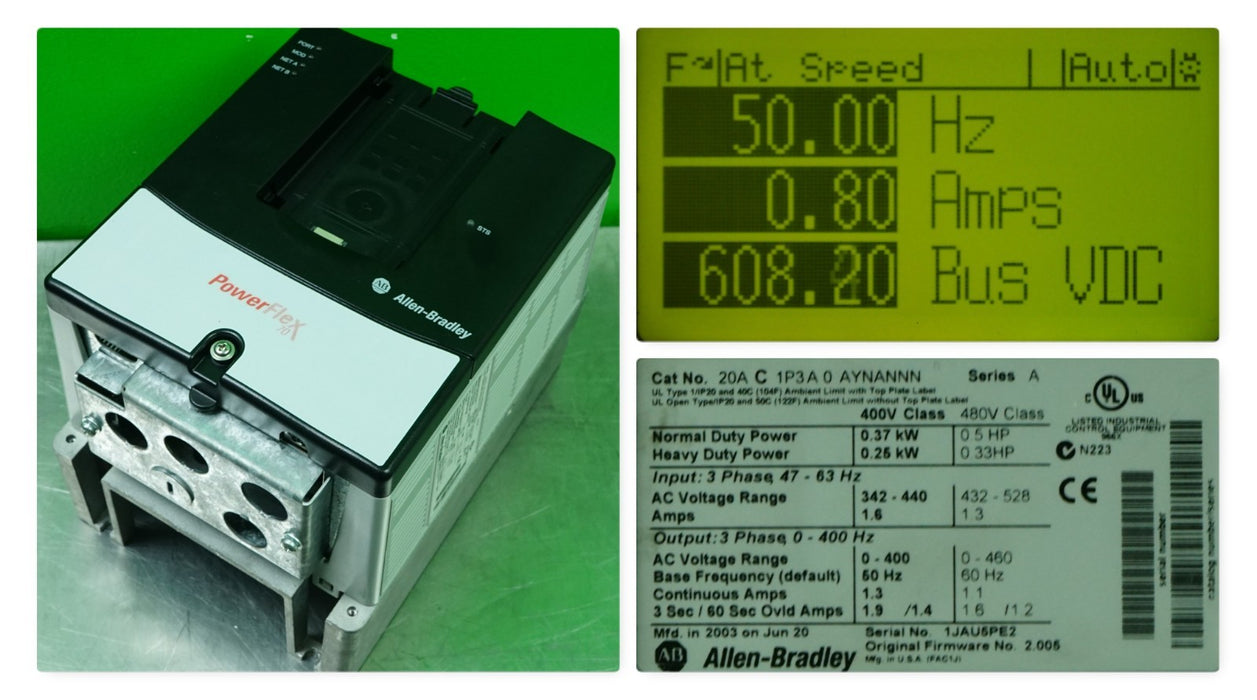 Allen Bradley Powerflex 70 1/2HP 20AC1P3A0AYNANNN Tested Good FRN:2.005