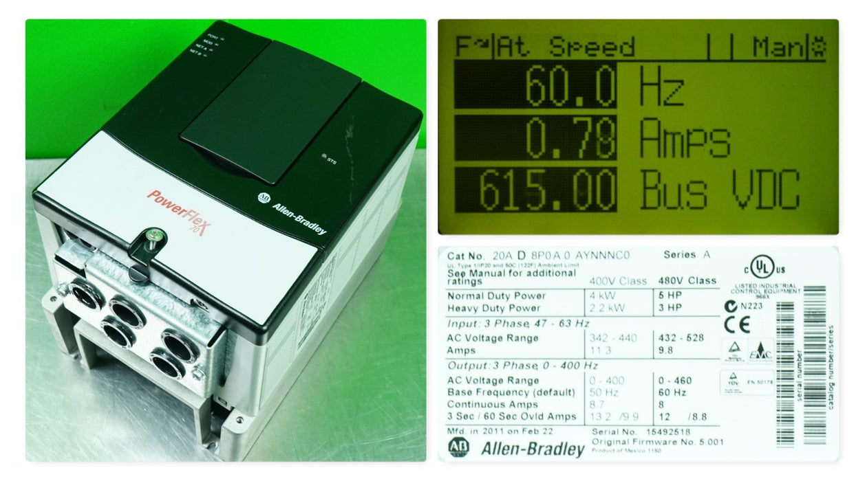 Allen-Bradley PowerFlex 70 5 HP 20AD8P0A0AYNNNC0 480 VAC FW:5.001 Tested Good