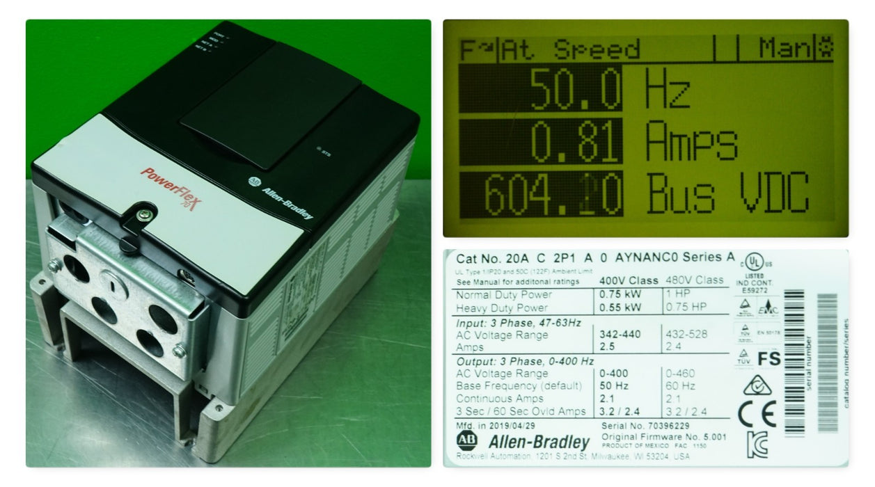 Low Hour Allen Bradley Powerflex 70 1 HP 20AC2P1A0AYNANC0 Tested Good FRN: 5.001