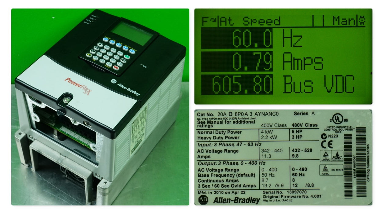 Allen-Bradley PowerFlex 70 5 HP 20AD8P0A3AYNNNC0 480 VAC FRN:4.001 Tested Good