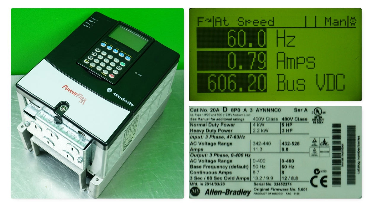 Allen-Bradley PowerFlex 70 5 HP 20AD8P0A3AYNNNC0 480 VAC FRN:5.001 Tested Good