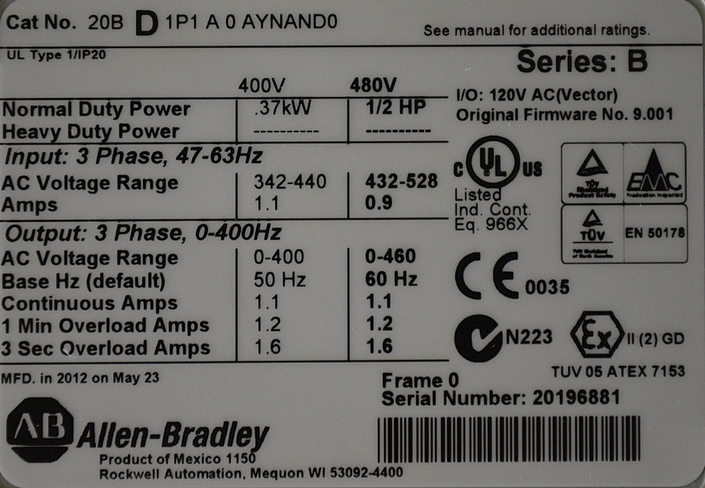 Allen-Bradley PowerFlex 700 1/2 HP 20BD1P1A0AYNAND0 Series B 480VAC Tested 2012