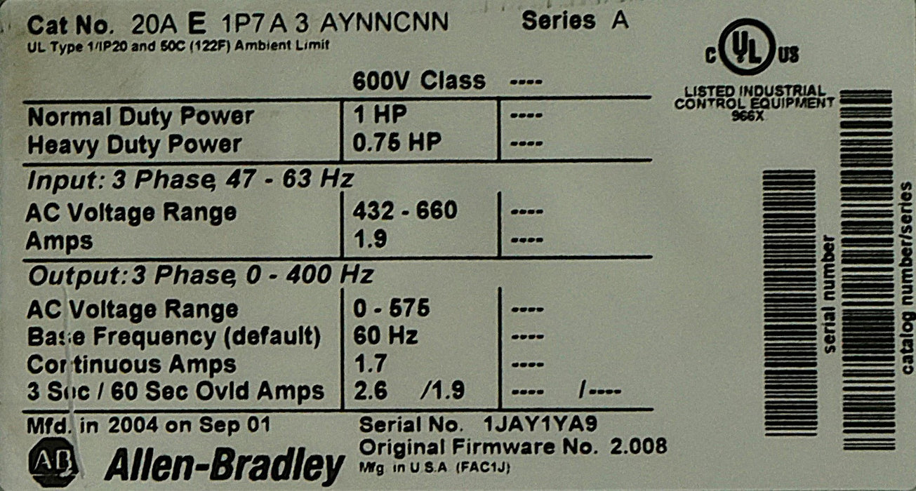 Allen-Bradley 20AE1P7A3AYNNCNN PowerFlex 70 1.0 HP 600 VAC General Purpose Drive