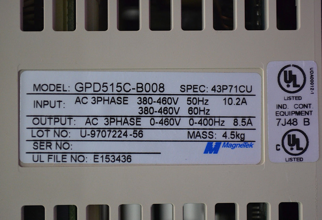 MagneTek GPD515C-B004 3-Ph Drive SPEC: 43P71CU 460VAC 50-60Hz 8.5Amp UL7J48 B #2