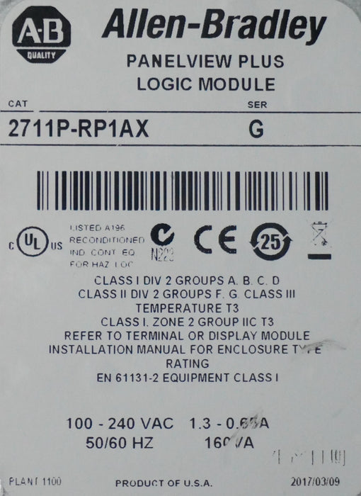 Allen-Bradley 2711P-RP1AX Series G PanelView Plus Logic Module Tested Good