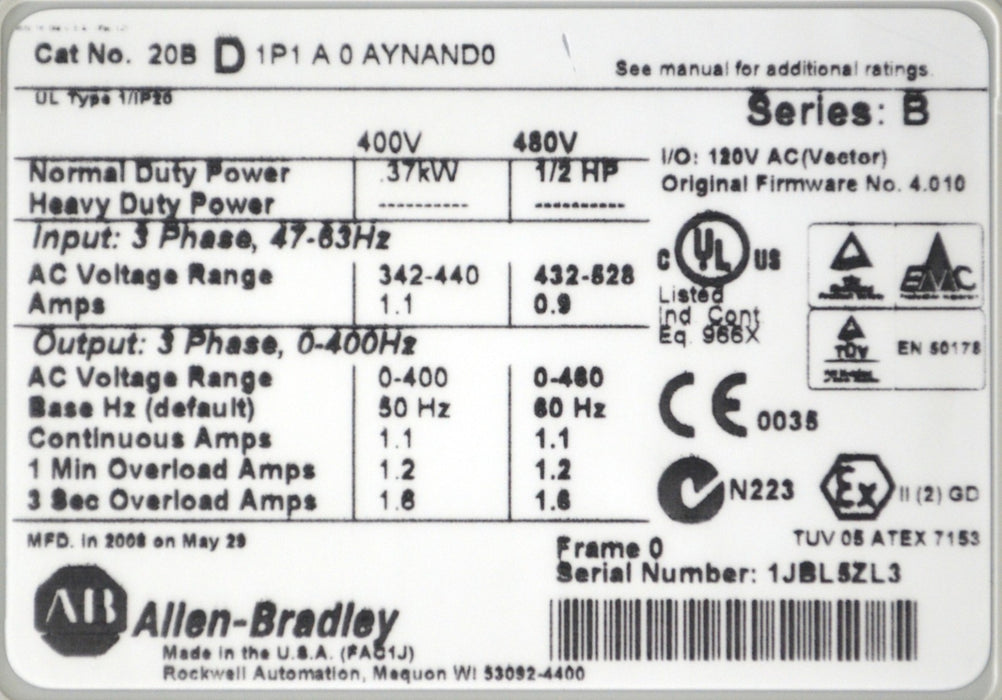 Allen-Bradley 20BD1P1A0AYNAND0 PowerFlex 700 1/2 HP Tested Good FRN: 4.010