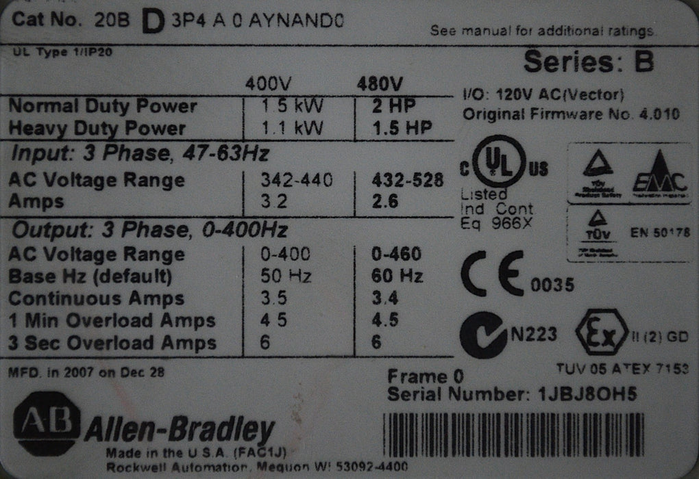 2007 Allen-Bradley PowerFlex 700 2 HP 20BD3P4A0AYNAND0 Series B 480VAC FRN 4.010