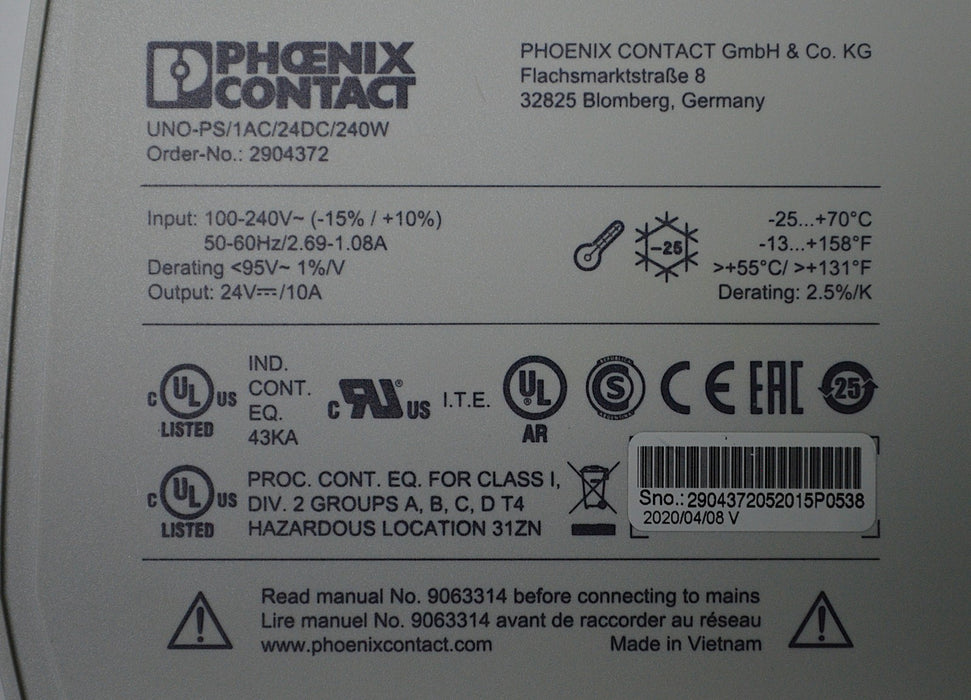 Phoenix Contact UNO-PS/1AC/24DC/240W 1-PH DIN-Rail 100-240V Power Supply Germany
