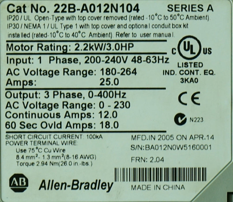 Allen-Bradley 22B-A012N104 PowerFlex 40 3HP SER. A FRN:2.04 Tested Good