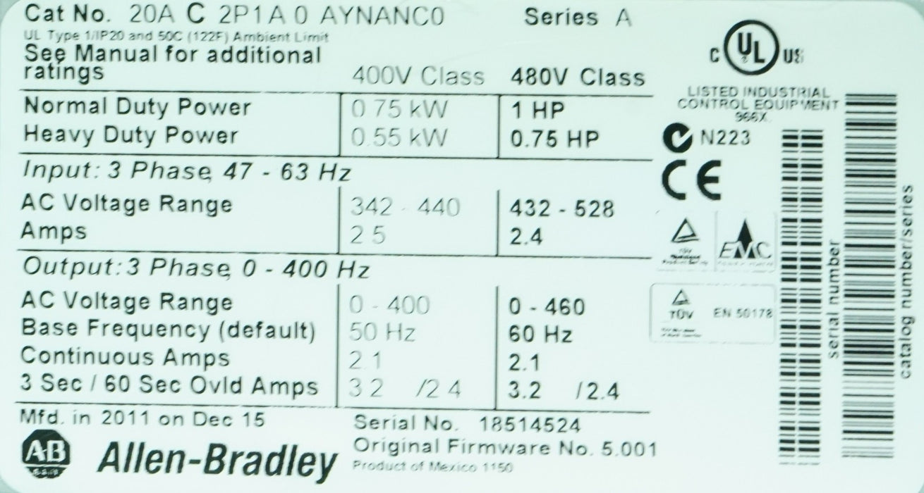 Allen-Bradley 20AC2P1A0AYNANC0 PowerFlex 70 1HP 480V Series A Tested FRN 5.001