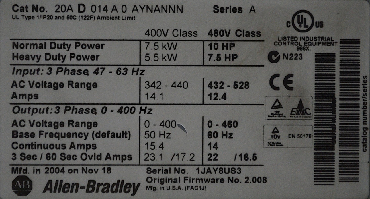 Low Hours Allen-Bradley PowerFlex 70 10 HP 20AD014A0AYNANNN Series A FRN: 2.008