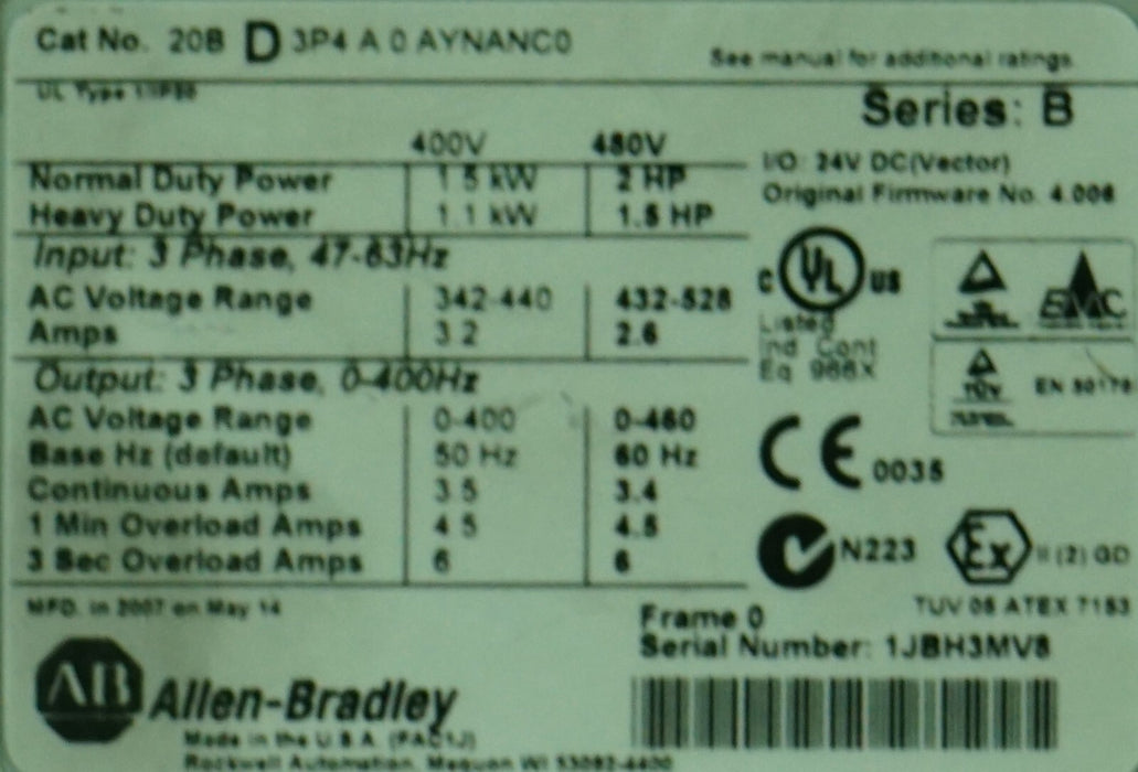 Allen-Bradley 2HP PowerFlex 700 20BD3P4A0AYNANC0 Clean Tested 480VAC FRN:4.006