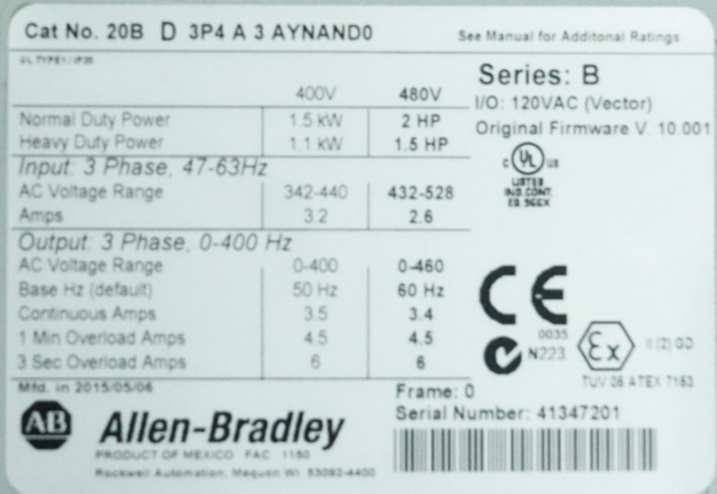 Low Hours Allen-Bradley 20BD3P4A3AYNAND0 PowerFlex 700 2HP 480 VAC FRN:10.001