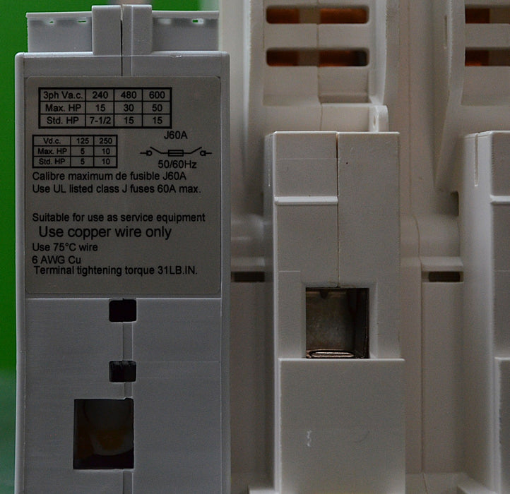 Socomec J60A 38613005 FUSERBLOC Disconnect Switch 60A 600V Class J 3P with Fuses