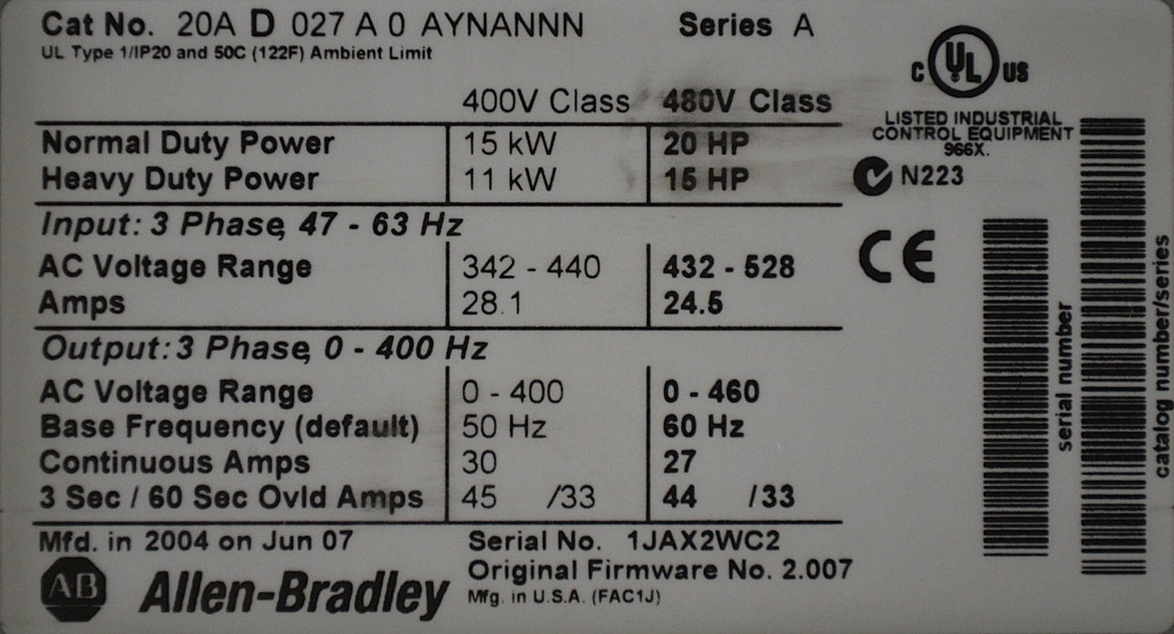 Allen-Bradley 20AD027A0AYNANNN PowerFlex 70 20 HP Series A FRN:2.007 Tested Good