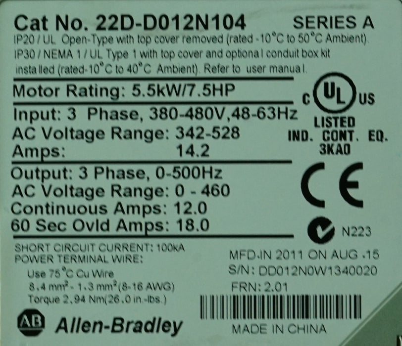 Allen-Bradley 22D-D012N104 PowerFlex 40P 7.5HP VFD Low Hours Tested FRN:2.01