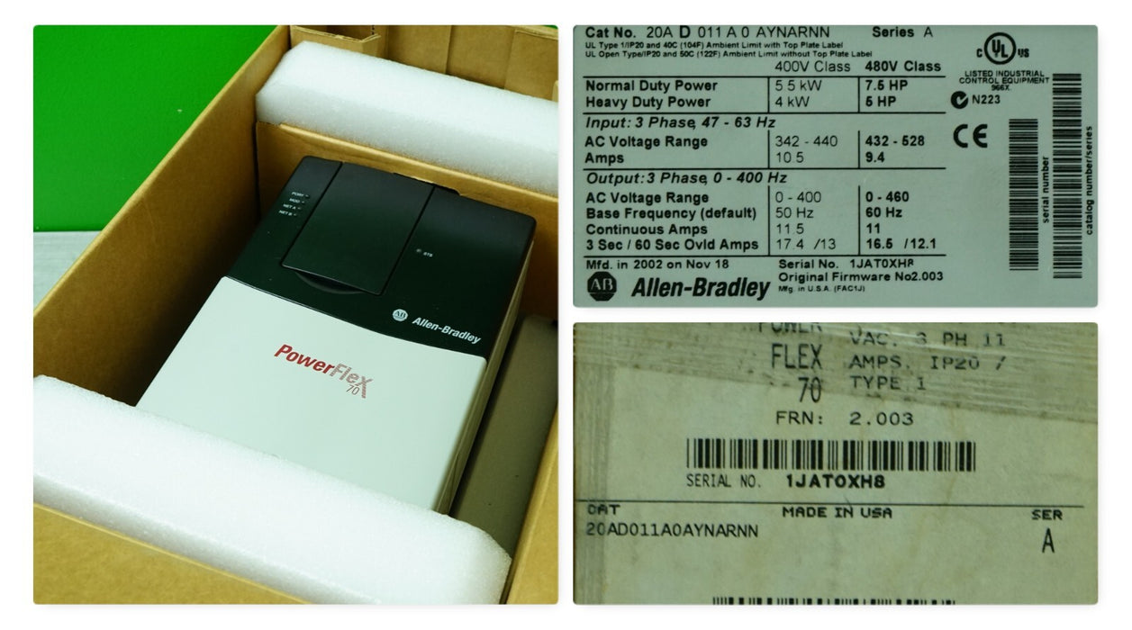 New Allen-Bradley Powerflex 70 20AD011A0AYNARNN 7.5 HP SER. A FRN: 2.003