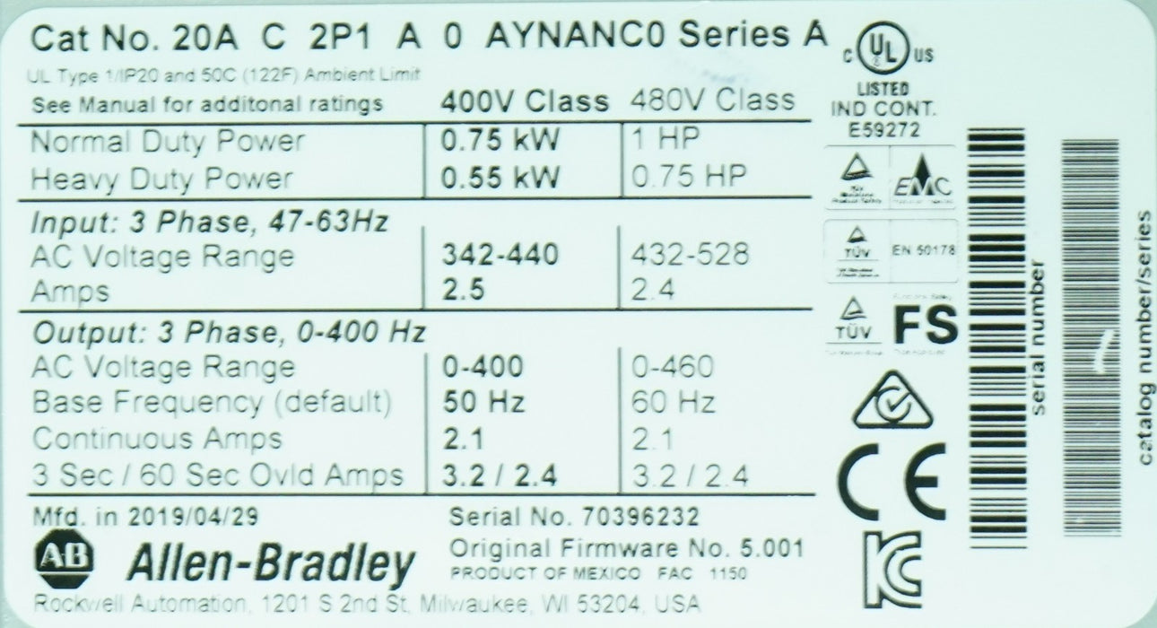 Allen-Bradley 20AD2P1A0AYNANC0 1 HP 480V Powerflex 70 FRN: 5.001 Tested Good