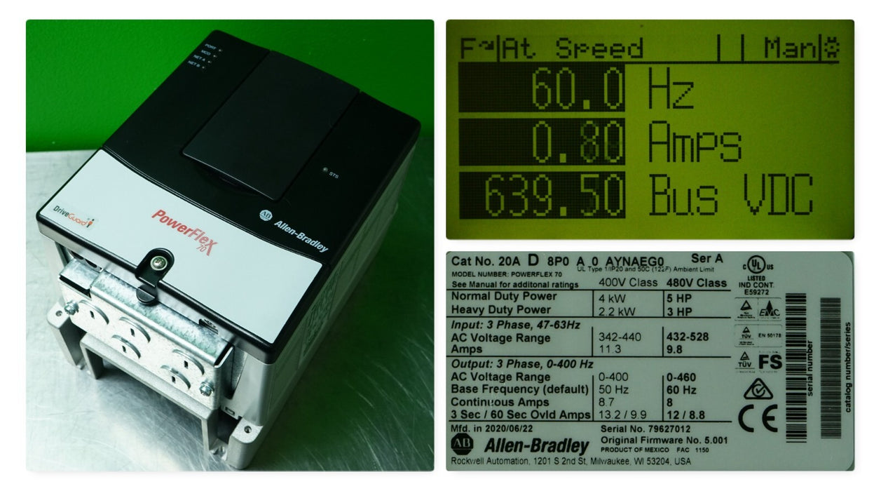 Low Hours Allen-Bradley 20AD8P0A0AYNAEG0 Powerflex 70 5 HP FRN: 5.001 Tested*