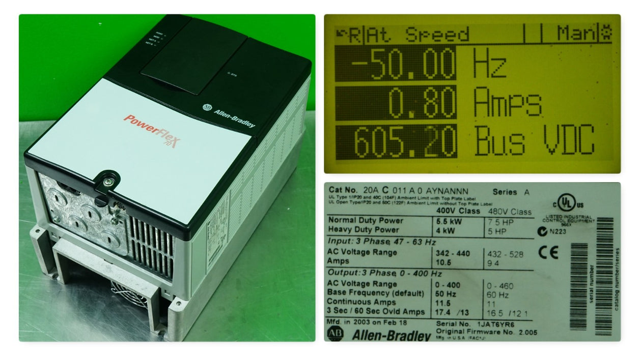 Low Hr Allen Bradley 20AC011A0AYNANNN Powerflex 70 7.5 HP 480V FRN:2.005 Tested