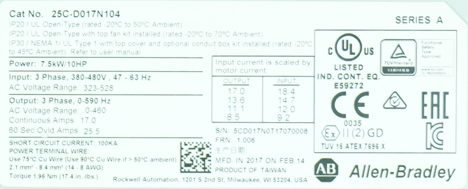 Allen-Bradley 25C-D017N104 PowerFlex 527 10HP Ser A 17A FRN 1.006