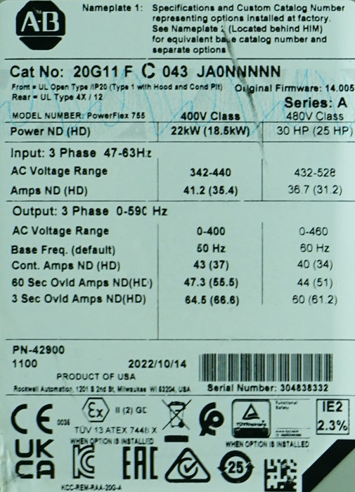 Zero HR Allen-Bradley 20G11FC043JA0NNNNN PowerFlex 755 VFD 30HP SER A FRN:14.005