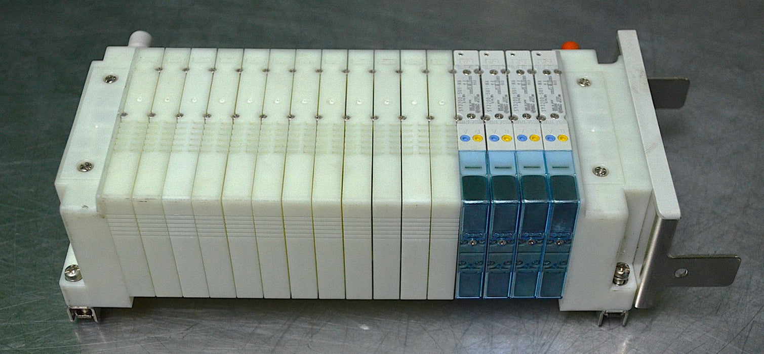 SMC 16-Position Valve Block Assembly with 4 SY3200-5U1-NA Valves