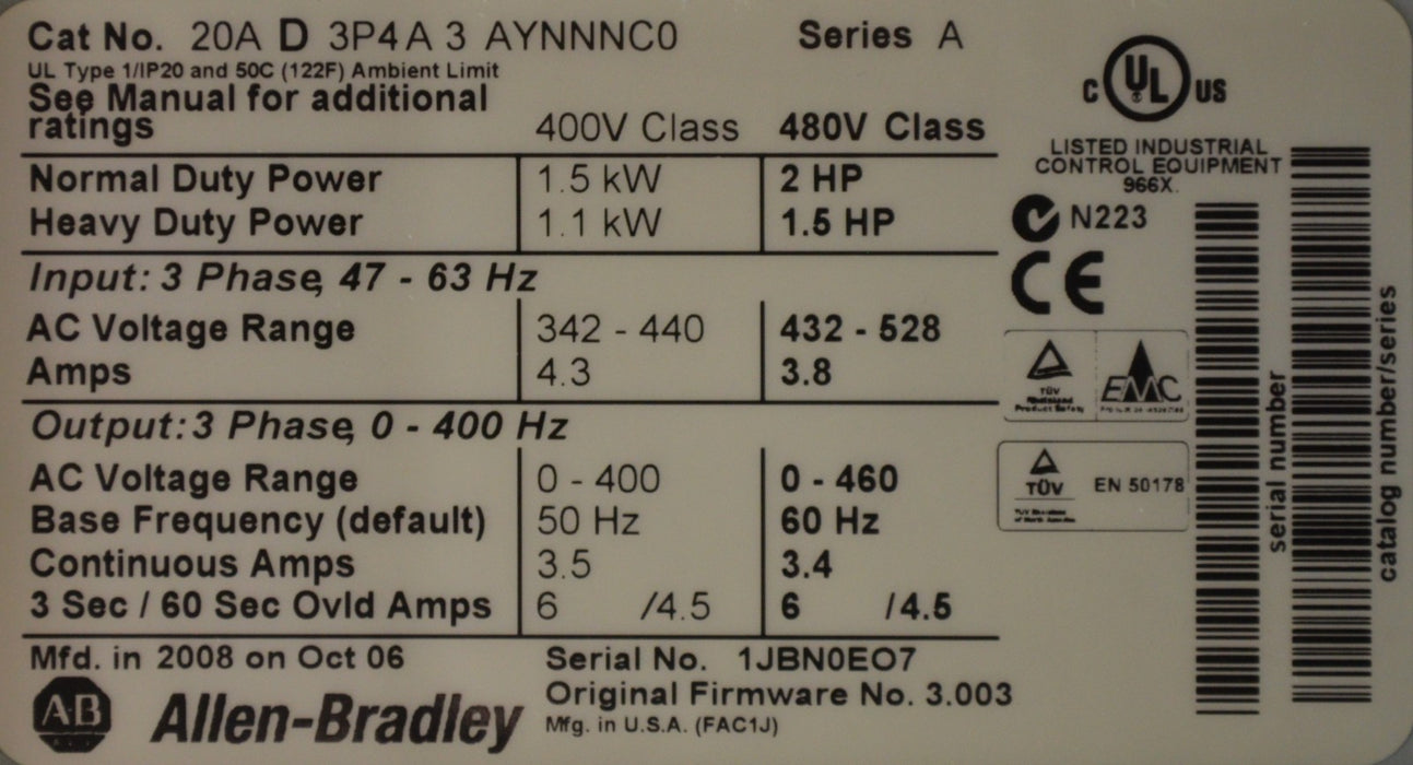 Allen-Bradley 20AD3P4A3AYNNNC0 PowerFlex 70 2 HP 480VAC Ser. A FRN:3.003 Tested