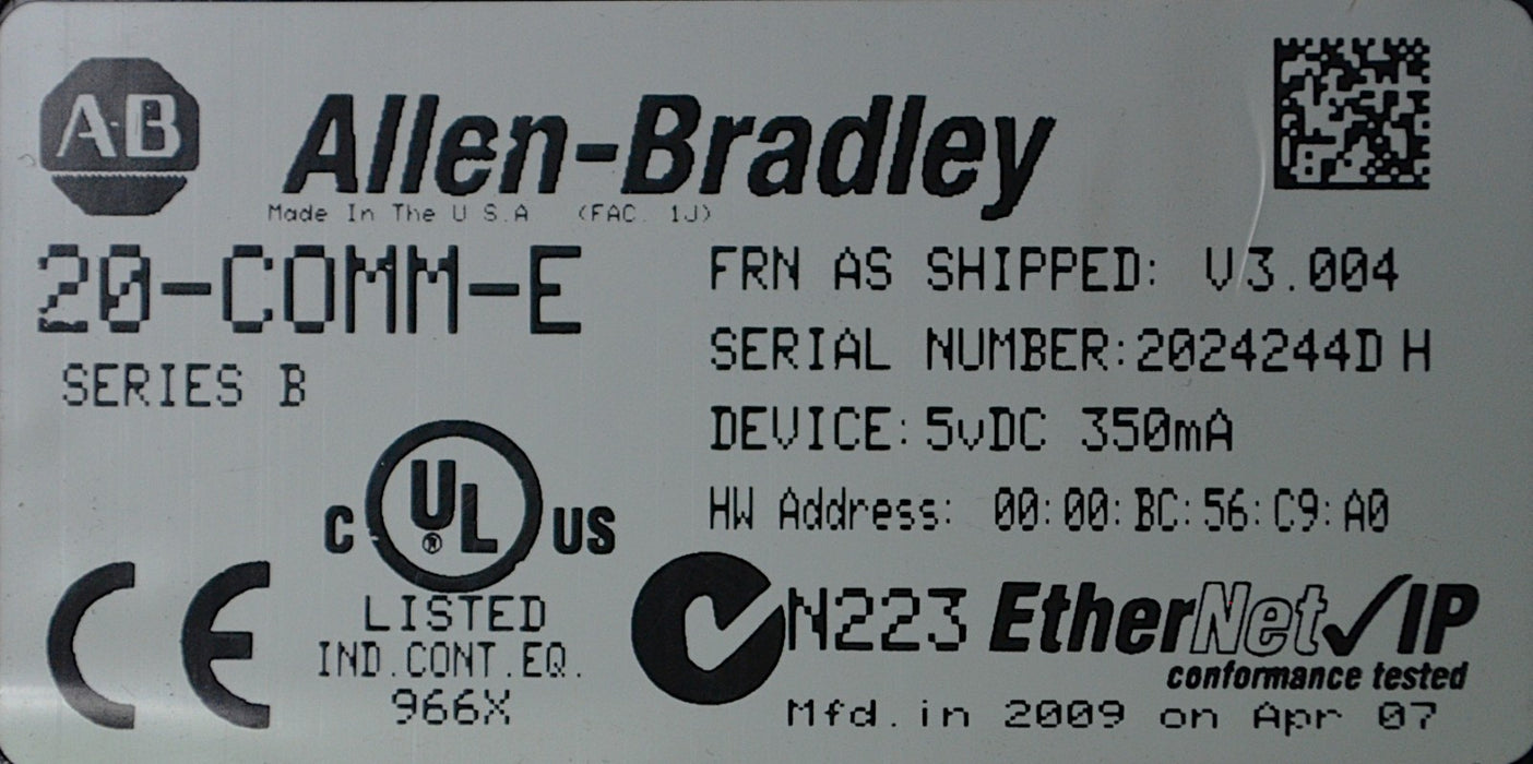 Allen-Bradley 20-COMM-E 319624-A03 Powerflex 700 Ethernet Adapter - No Cable Inc