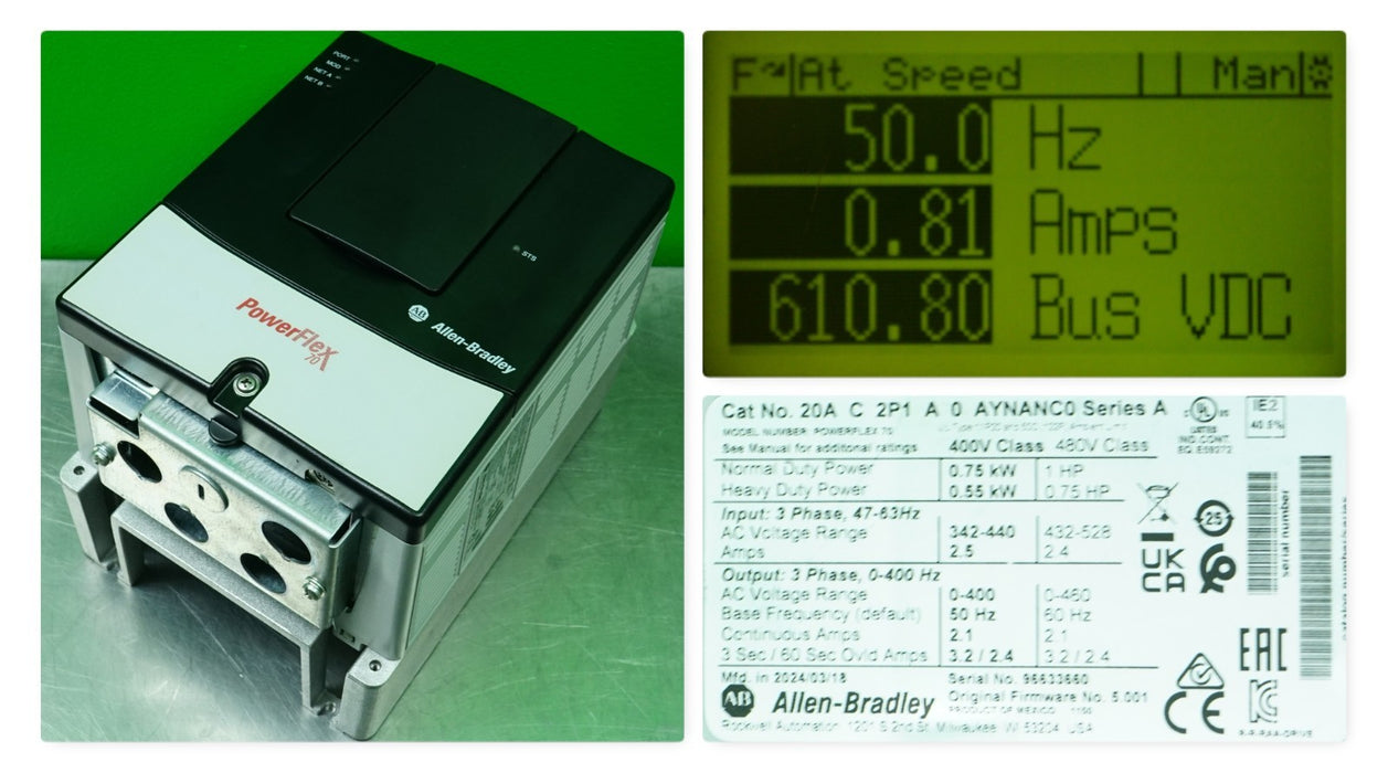 Low Hour Allen Bradley Powerflex 70 1 HP 20AC2P1A0AYNANC0 Tested Good FRN: 5.001