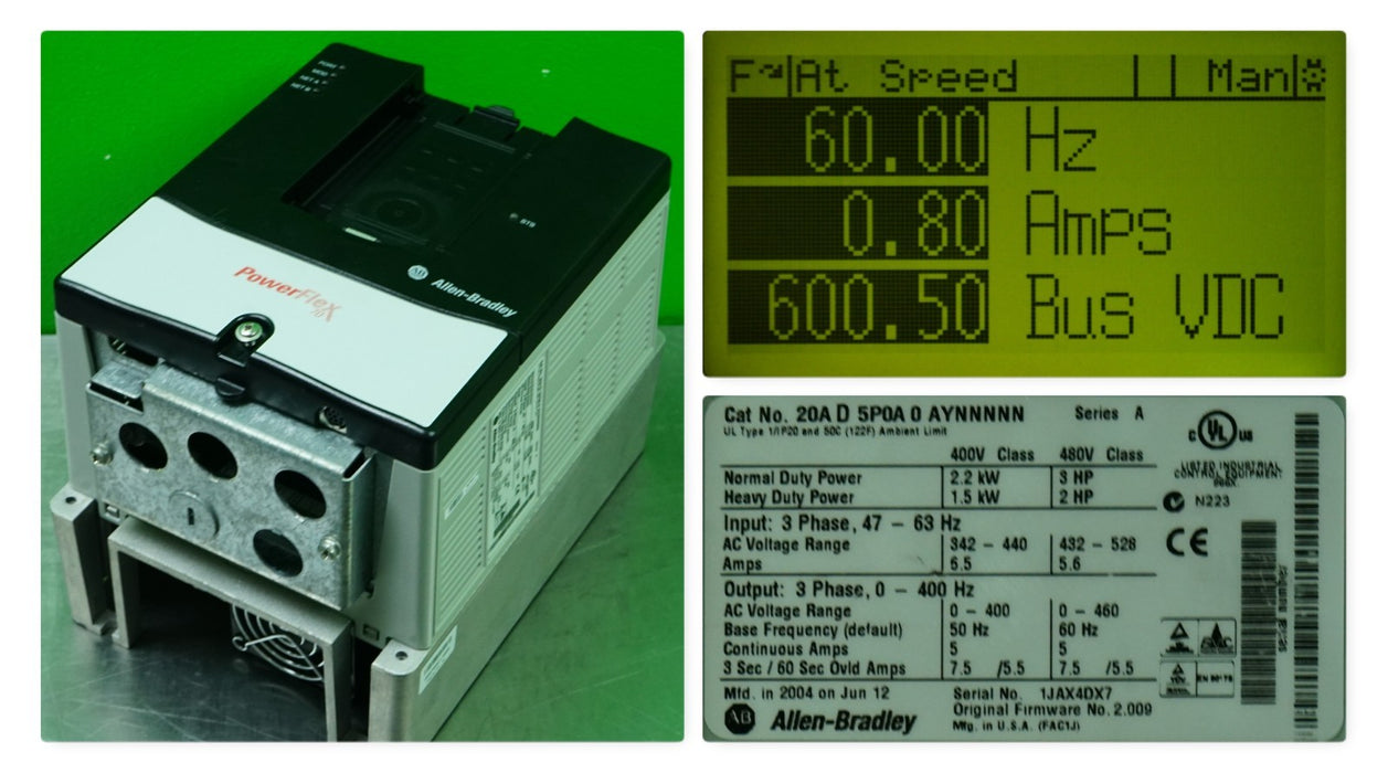 Low Hr Allen-Bradley PowerFlex 70 3 HP 20AD5P0A0AYNNNNN 480 VAC Tested FRN:2.009