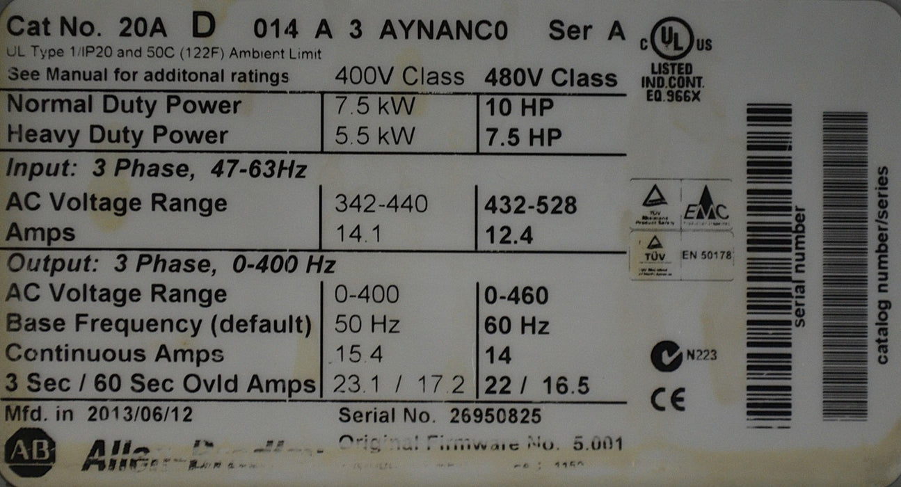 Allen-Bradley 20AD014A3AYNANC0 PowerFlex 70 10HP 480V Series A FRN:5.001 Tested