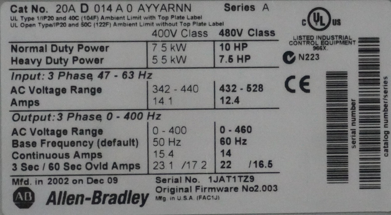 New Allen-Bradley PowerFlex 70 10 HP 20AD014A0AYNARNN 480 VAC FRN: 2.003
