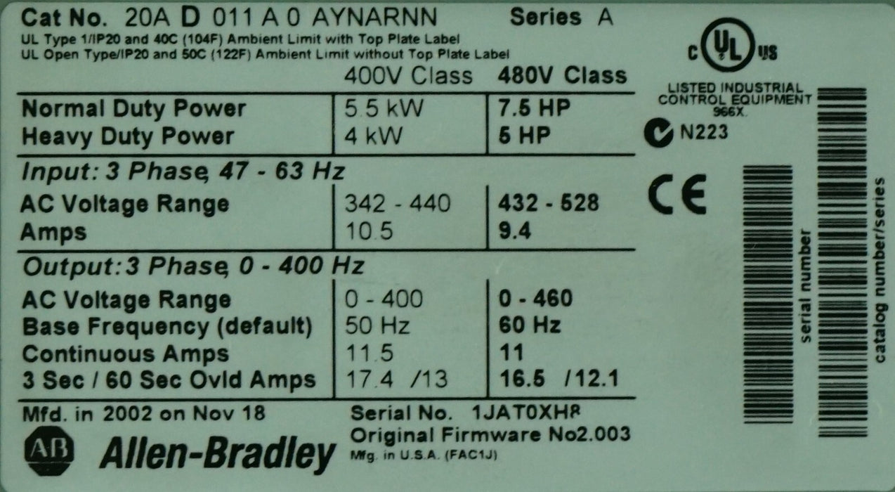 New Allen-Bradley Powerflex 70 20AD011A0AYNARNN 7.5 HP SER. A FRN: 2.003