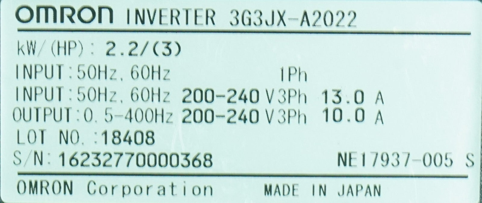 OMRON INVERTER 3G3JX-A2022  3HP Tested Good