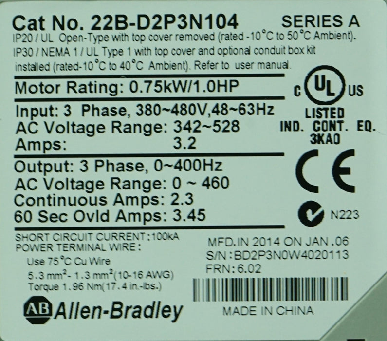 Allen-Bradley 22B-D2P3N104 PowerFlex 40 Drive Series A Tested Good 6.02