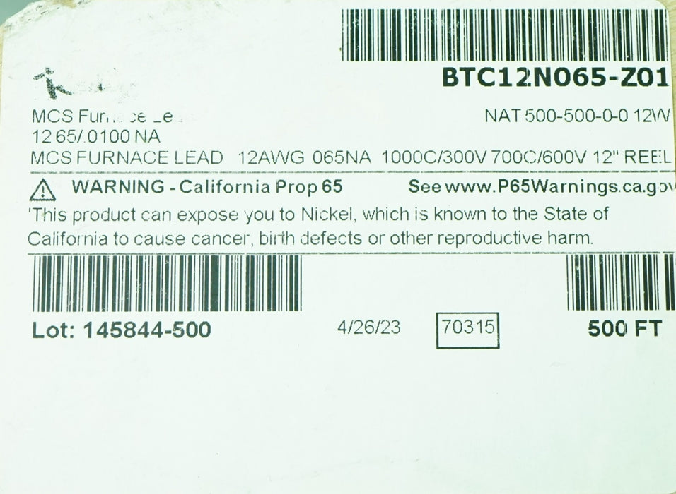 NEW Radix BTC12N065-Z01 MCS Furnace Lead High-Temperature Wire Spool with 500 FT