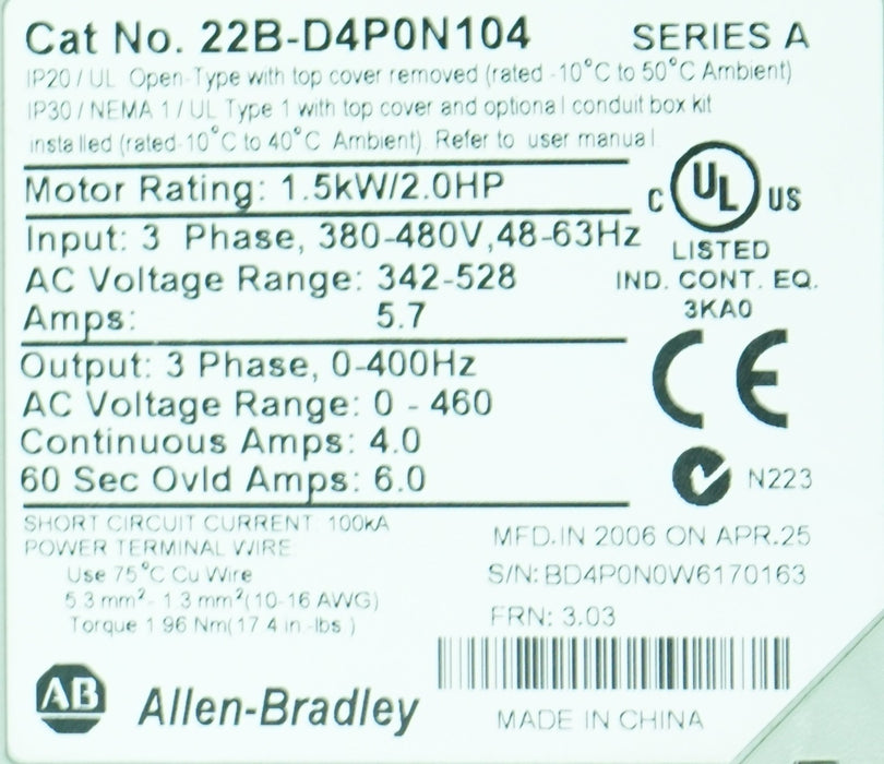 Low Hours Allen-Bradley 22B-D4P0N104 Power Flex 40 Drive 2 HP Ser A FRN:3.03