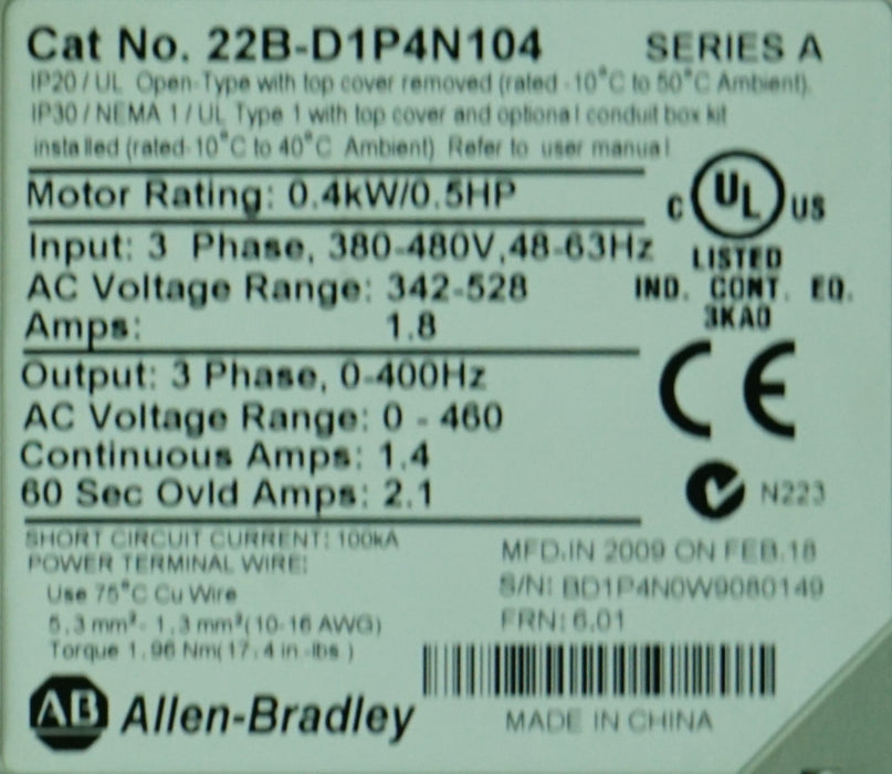 Allen-Bradley 22B-D1P4N104 PowerFlex 40 1/2HP Series A Tested Good FRN:6.01*
