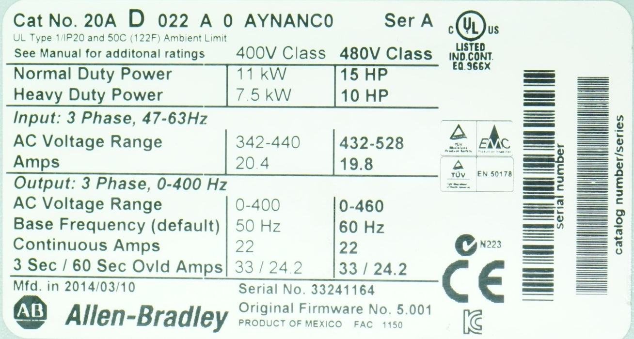 Allen Bradley PowerFlex 70 20AD022A0AYNANC0 Series A 480V 15HP  FRN:5.001