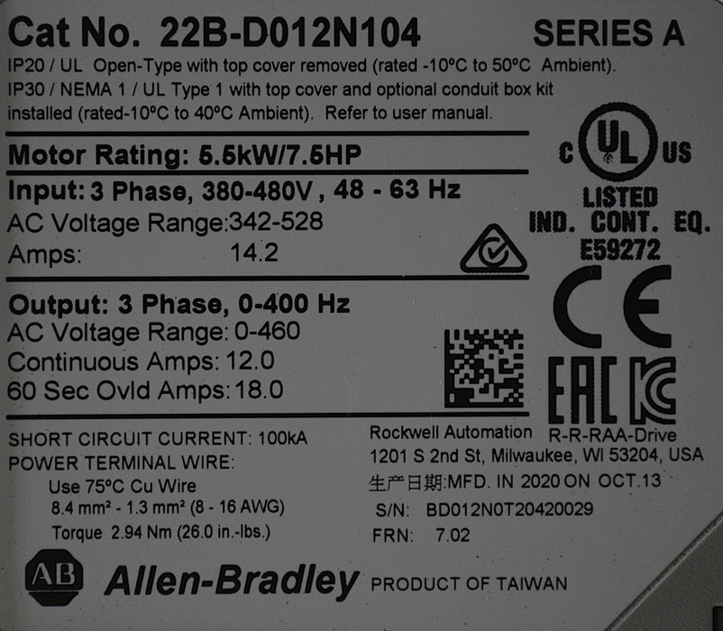 Allen-Bradley 22BD012N104 PowerFlex40 7.5 HP Ser. A 480VAC FRN:7.002 Tested Good
