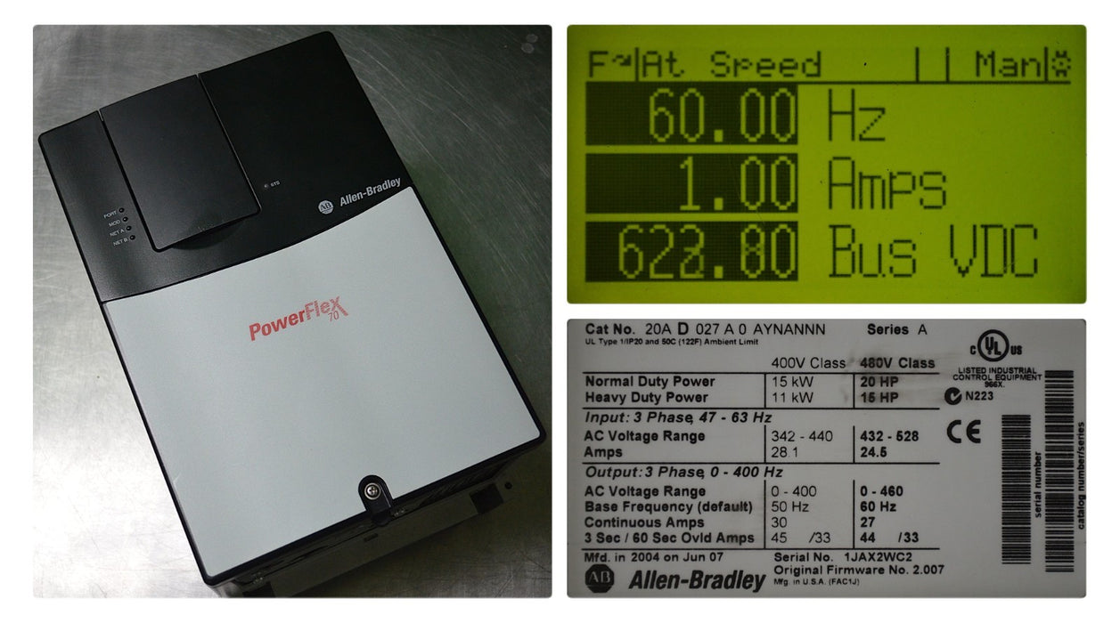 Allen-Bradley 20AD027A0AYNANNN PowerFlex 70 20 HP Series A FRN:2.007 Tested Good