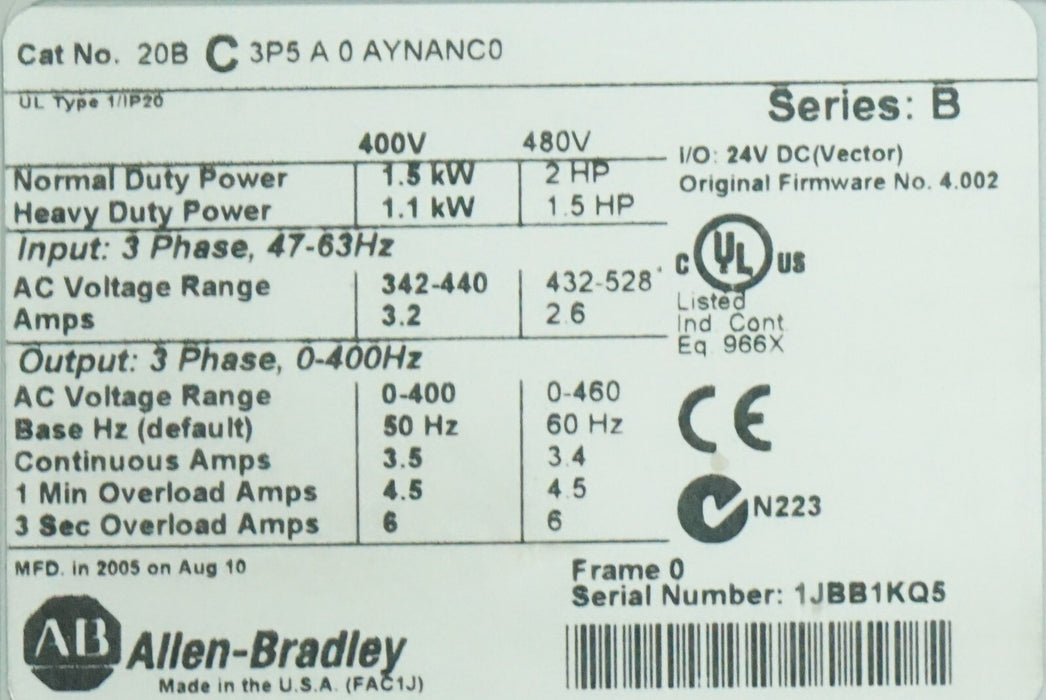 Low Hours Allen Bradley PowerFlex 700 2HP 20BC3P5A0AYNANC0 400VAC #1