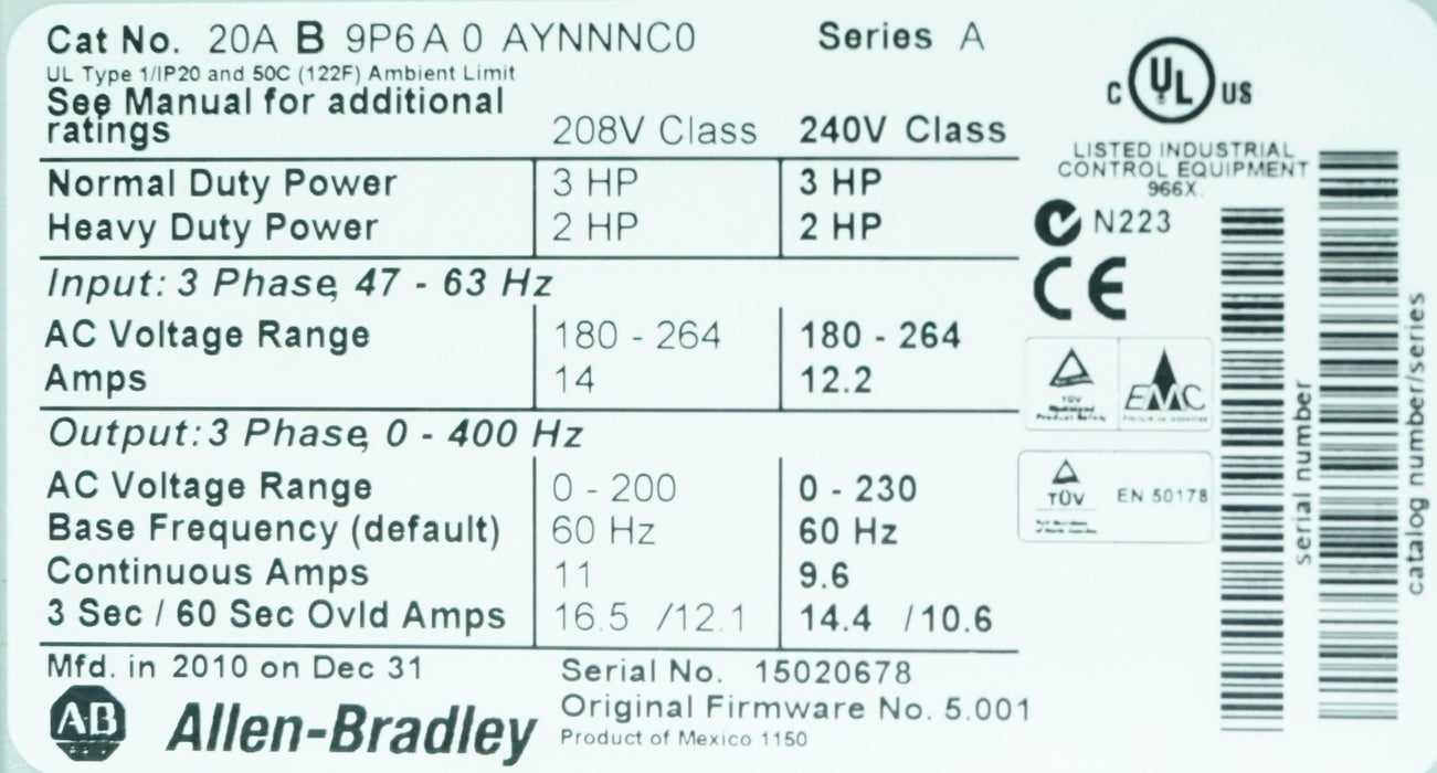Allen-Bradley PowerFlex 70 3HP 20AB9P6A0AYNNNC0 240 VAC Clean Tested FRN:5.001