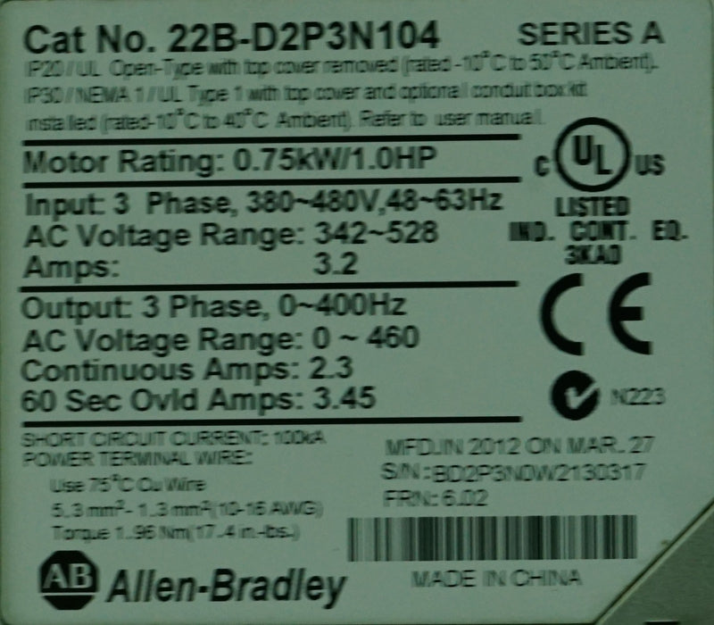 Allen-Bradley 22B-D2P3N104 PowerFlex 40 Drive Series A Tested Good 6.02