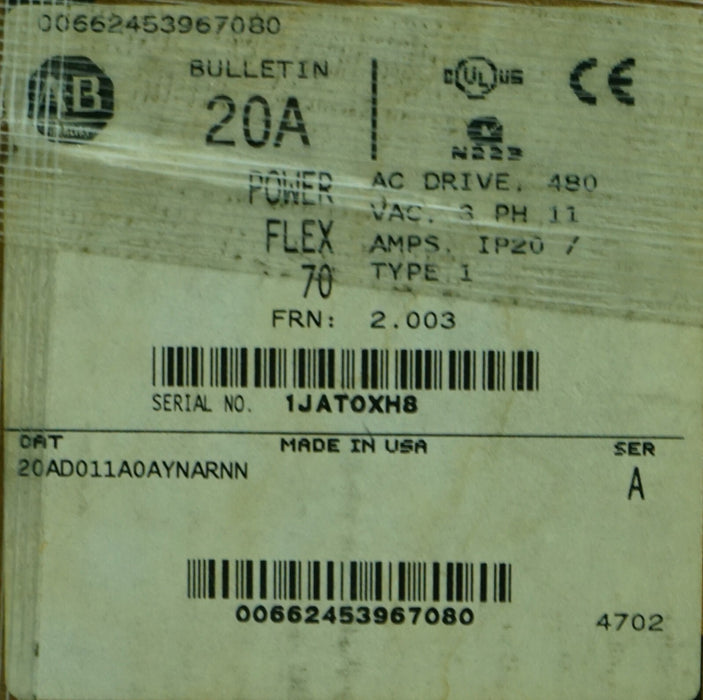 New Allen-Bradley Powerflex 70 20AD011A0AYNARNN 7.5 HP SER. A FRN: 2.003