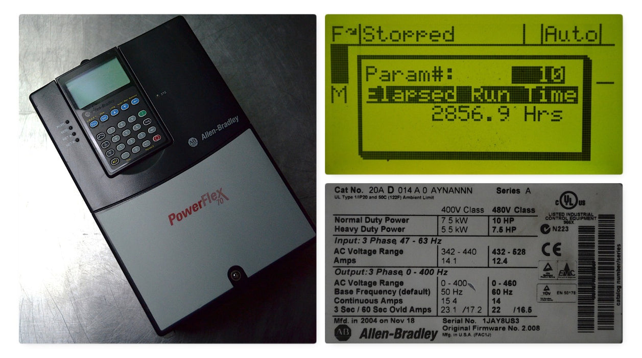 Low Hours Allen-Bradley PowerFlex 70 10 HP 20AD014A0AYNANNN Series A FRN: 2.008