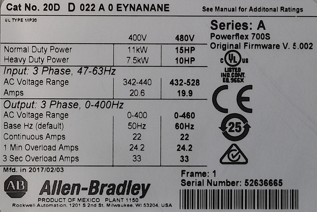 2017 Allen-Bradley 20DD022A0EYNANANE PowerFlex 700S Series A 15HP FRN: 5.002  #2